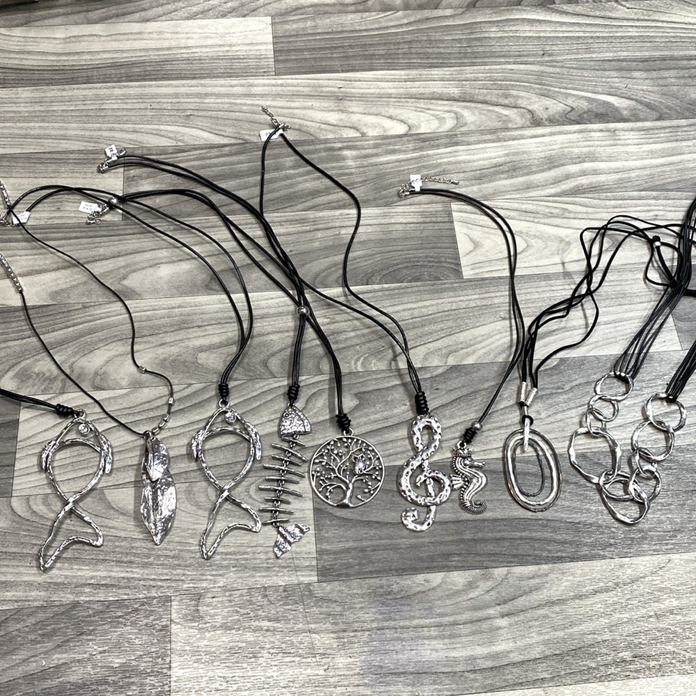 Lot of 8 Leather Cord Necklaces with Large Silver Pendant